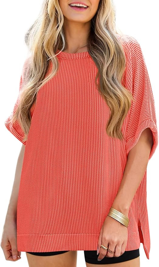 Tankaneo Womens Oversized T Shirts Summer Casual Ribbed Batwing Short Sleeve Tunic Tops Loose Fit... | Amazon (US)