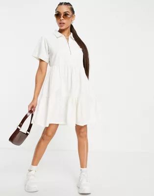 Missguided zip front tiered shirt dress in white | ASOS (Global)