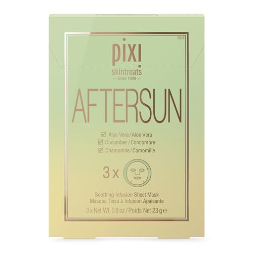 Pixi Beauty Aftersun Sheet Mask, Instant Calming & Soothing Skin Treatment, Aloe Vera, Cucumber & Chamomile Cooling Mask, 3 Masks Per Box 3 x 0.80 oz / 23 gm | Amazon (US)