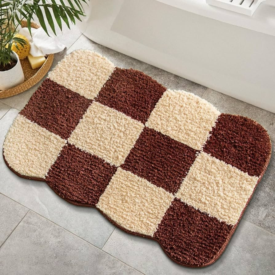 Khaki Checkered Bath Mat, 20''×32'' Brown Beige Bathroom Rug, Non Slip Ultra Absorbent Floor Mat, Soft Microfiber Machine Washable Bathroom Carpet for Tub, Bathroom, Bedroom Indoor | Amazon (US)