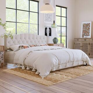 Beige Wood Frame King Size Linen Upholstered Platform Bed with Saddle Curved Diamond-Tufted Headboard | The Home Depot