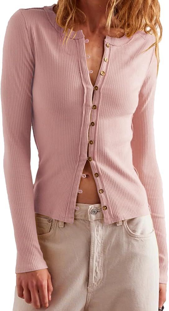 Womens Slim Fitted Cardigan Long Sleeve Y2K Ribbed Tops Button Down Shirts | Amazon (US)