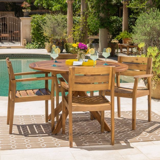 Stamford 5pc Acacia Wood Round Dining Set Teak - Christopher Knight Home | Target