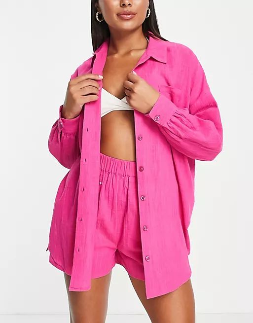 ASOS DESIGN textured button through beach shirt in pink | ASOS (Global)