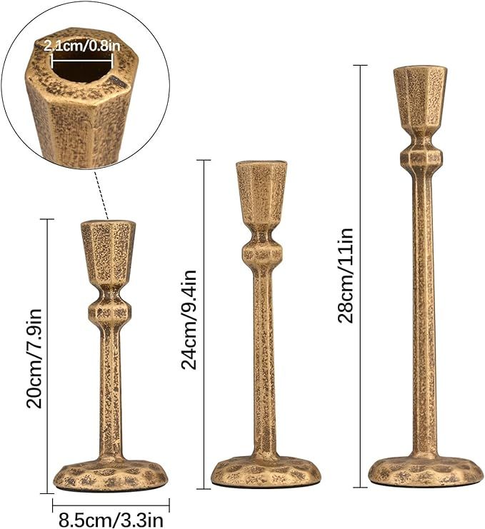 Vincidern Gold Taper Candle Holders Set of 3, Antique Brass Candlestick Holder for Mantle Firepla... | Amazon (US)