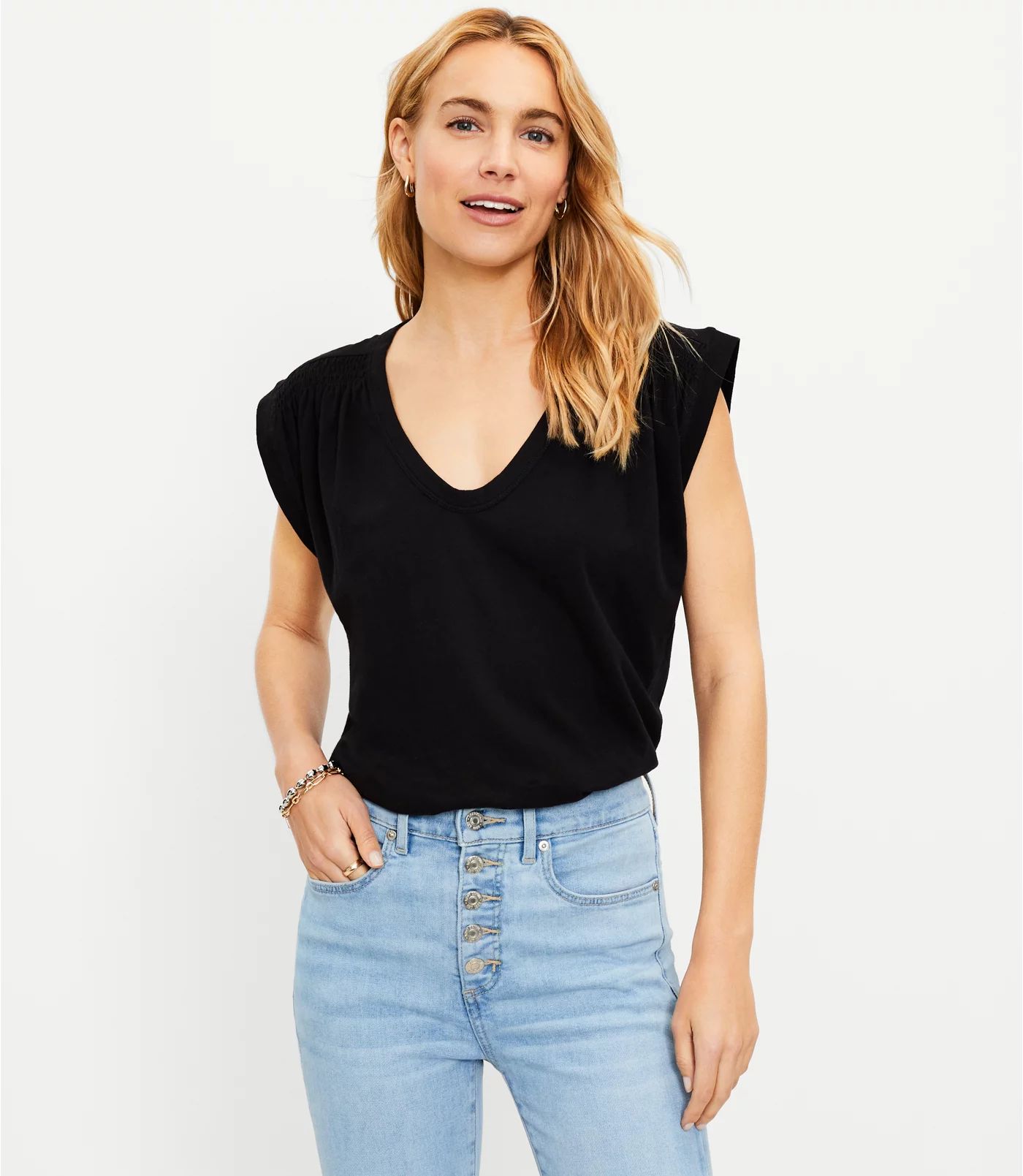 Smocked V-Neck Muscle Tee | LOFT | LOFT