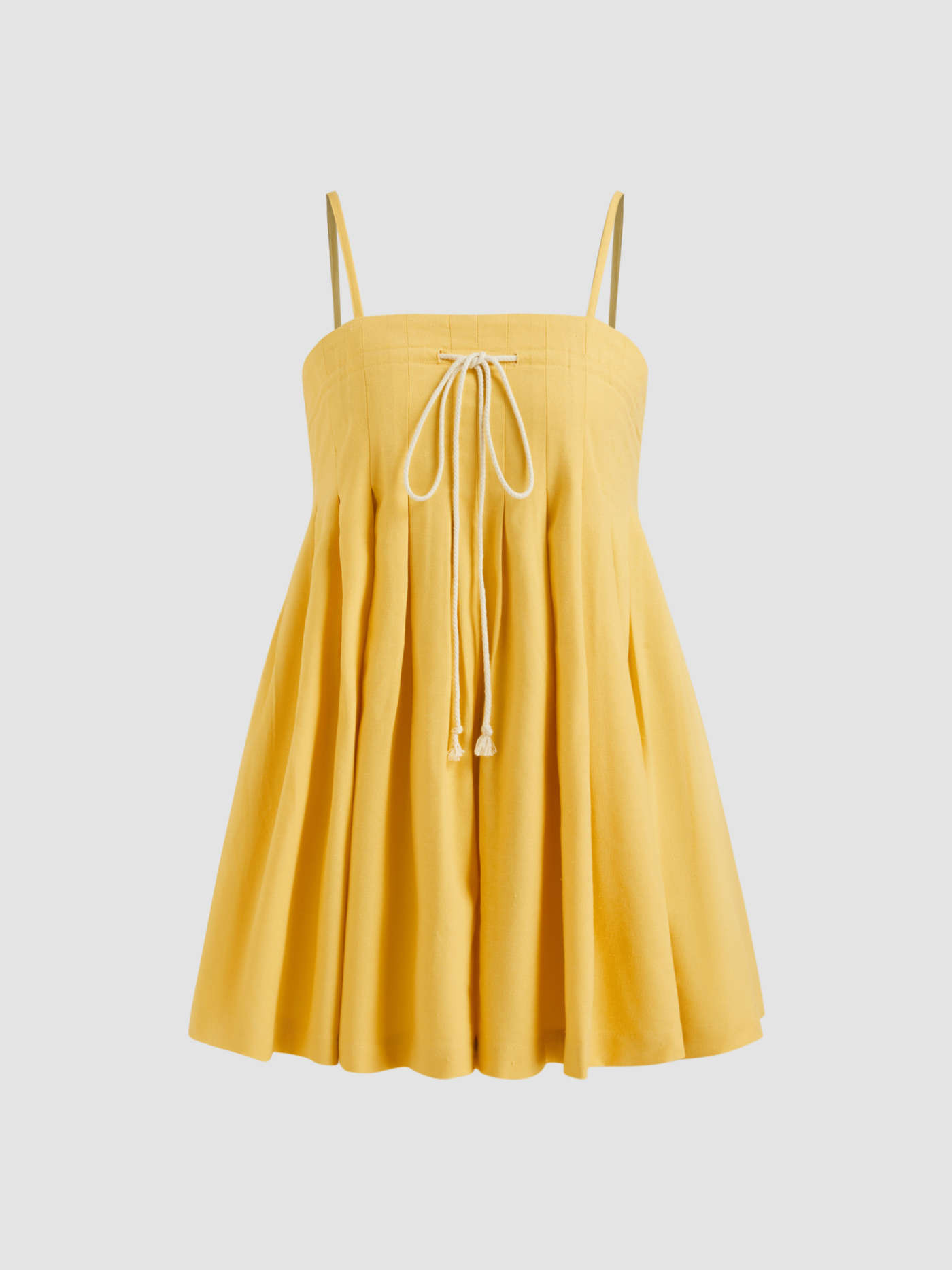 Linen-blend Square Neck Drawstring Shirred Pleated Romper | Cider