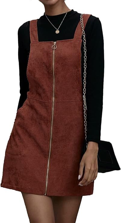 Verdusa Women's Zip Up Pocketed A Line Pinafore Corduroy Overall Dress | Amazon (US)