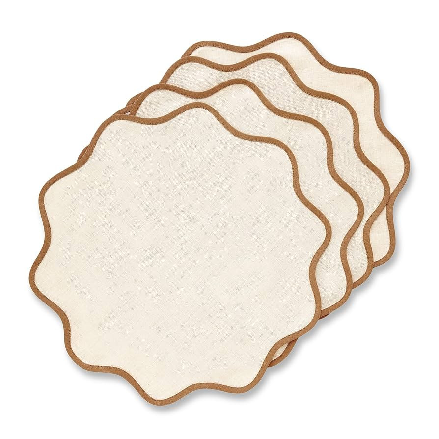 Solino Home Scallop Linen Placemats Set of 4-100% Pure Linen Brown Sugar and Natural Round Cloth ... | Amazon (US)