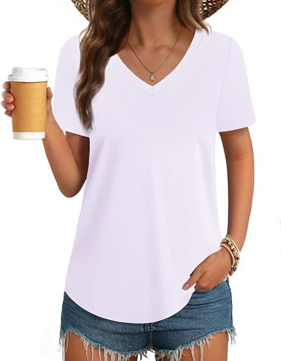 Womens T Shirts V Neck Short Sleeve Cotton Tops Summer Curved Hem Trendy Basic Tee Shirt S-XXL | Amazon (US)