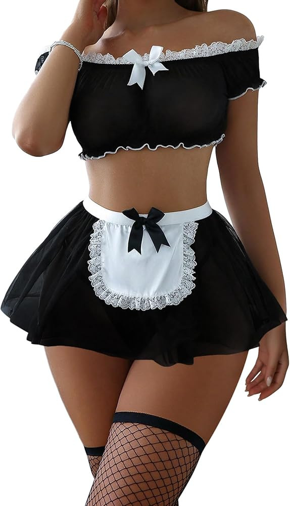Sexy Stockings Mini Skirt Mesh Sheer Lace Halloween Costume Maid Outfit Lingerie with Thong Set 4... | Amazon (US)