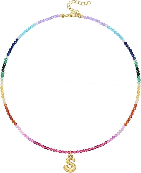 KissYan Beaded Initial Necklace for Women, 14K Gold Plated Bubble Letter Pendant Rainbow Gemstone... | Amazon (US)