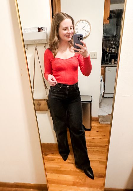 Perfect date night outfit or casual Valentine’s Day outfit!

Red ribbed sweetheart sweater
Black wide leg jeans 
Black leather booties 

#LTKSeasonal #LTKfindsunder50