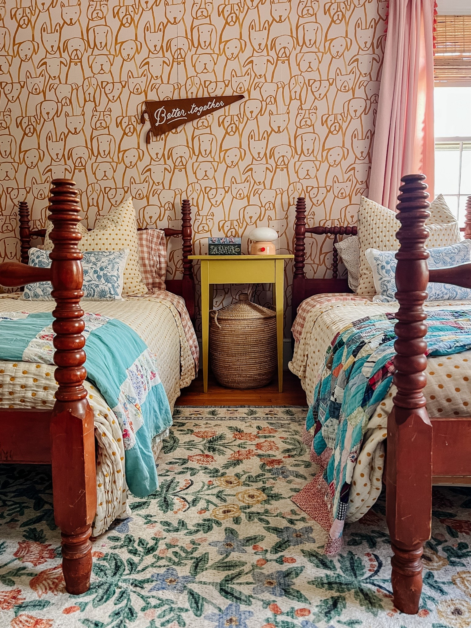 Colorful girls’ shared bedroom with Rifle Paper Loloi rug, Chasing Paper Puppy Pile wallpaper, Schoolhouse Quilts

#LTKHome #LTKFamily #LTKKids