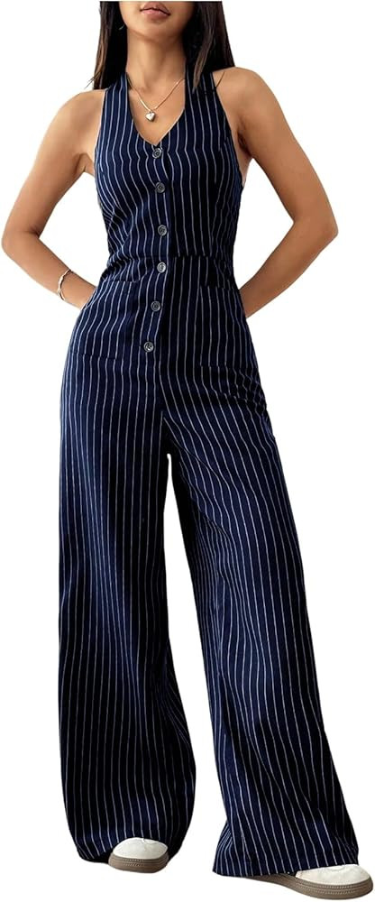 Verdusa Women's Striped Button Down Halter Jumpsuits Sleeveless High Waisted Straight Leg One Pie... | Amazon (US)