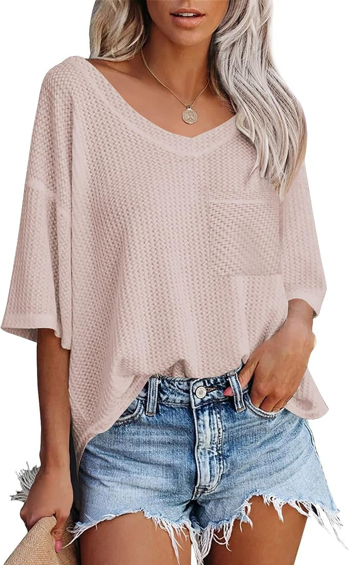 Zeagoo Women's Waffle Short Sleeve Top Summer Loose Blouse Casual V Neck Shirt | Amazon (US)