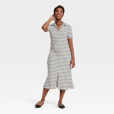 Women's Short Sleeve Button-Down Midi Dress - A New Day™ Cream/Black Striped M | Target
