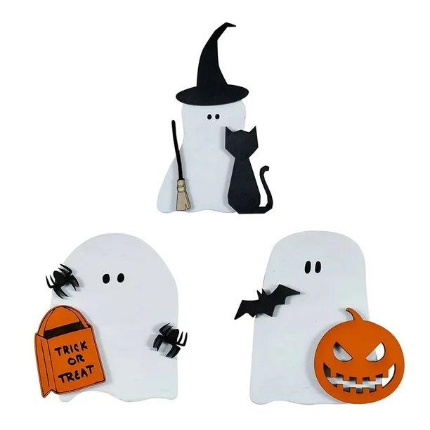 3pcs Halloween Wooden Ghost Sign Decoration Table Ornament Home Office Decor | Walmart (US)