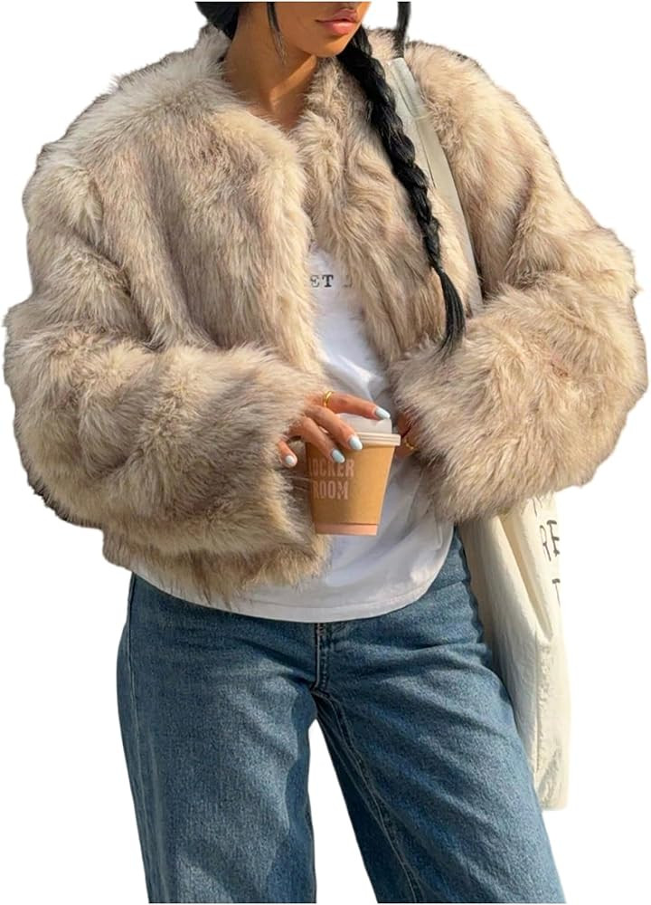 Women's Faux Fur Crop Coat Long Sleeve Open Front Fuzzy Outerwear Fall Winter Warm Cropped Jacket | Amazon (US)