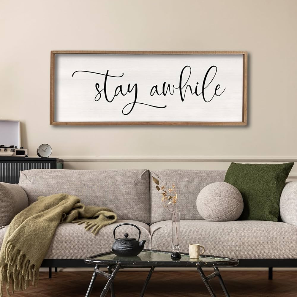 Stay Awhile Sign Wall Decor 32"X12" Large Living Room Entryway Wood Framed Rustic Wall Decor for ... | Amazon (US)