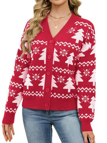 SunnyMelody Womens Christmas Funny Ugly Cardigan Sweater Winter 2025 Snowflake Santa Reindeer Tree Vacation Outfits Oversized Button Front Xmas Cardigans Red XL | Amazon (US)