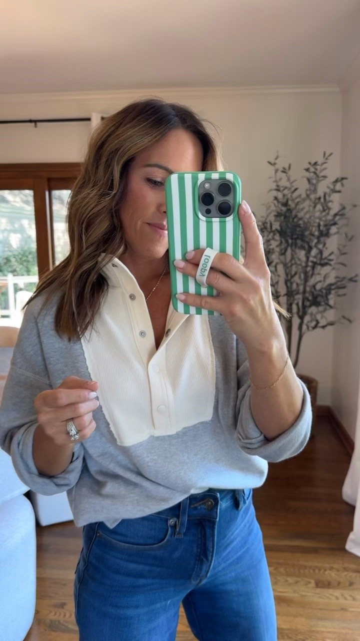 Colorblock snap pullover. 
I sized down one to XXS 
I also have the navy and white stripe 
Size 0 jeans 
Snakeskin mules

#LTKmomlife #LTKSeasonal #LTKOver40