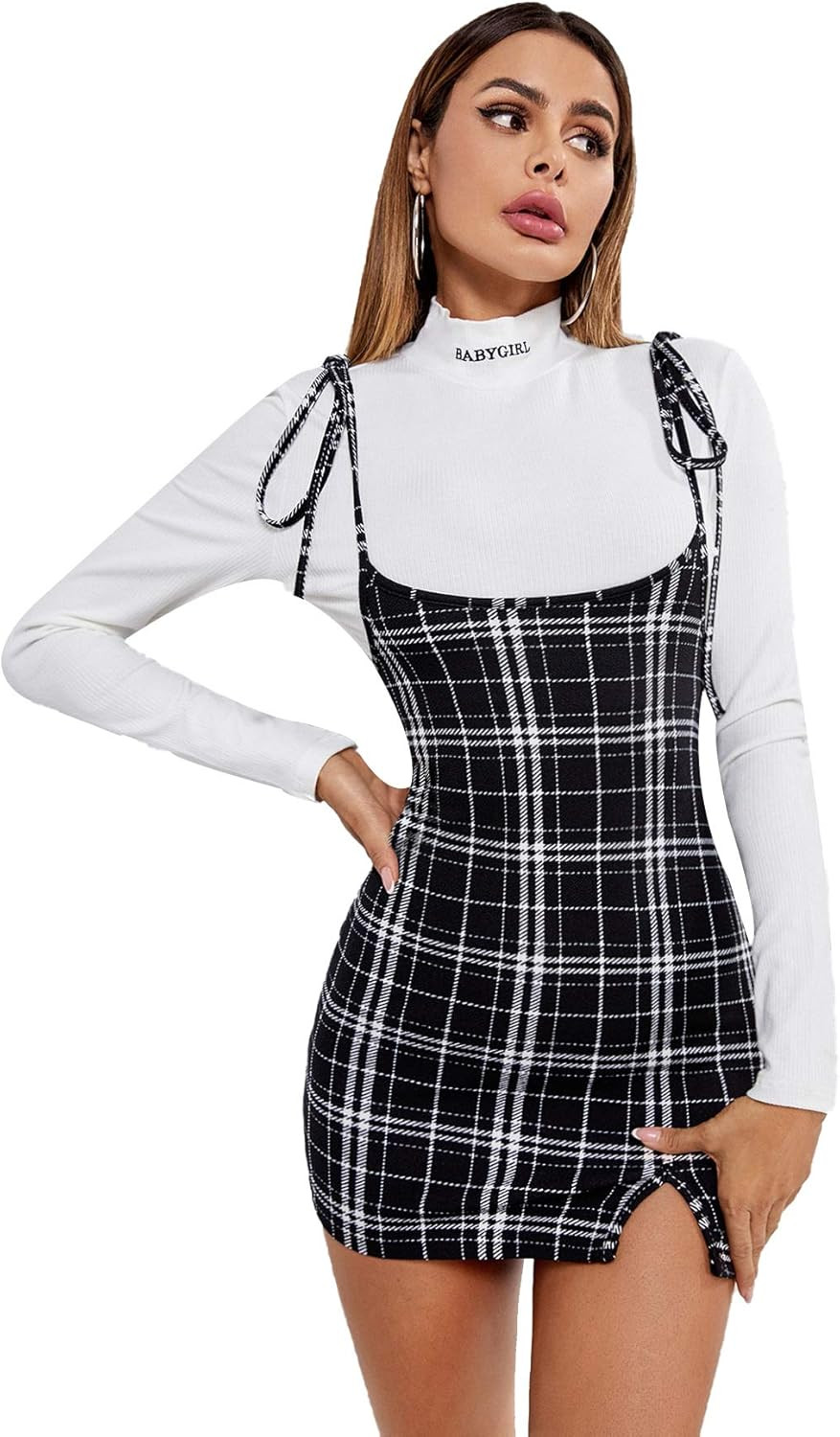 SheIn Women's Plaid Lace Up Suspender Skirt High Waist Split Hem Bodycon Short Sundress | Amazon (US)