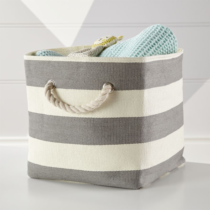 Stripes Around Grey Cube Bin | Crate & Barrel