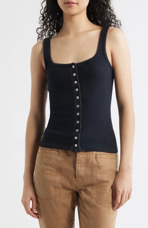 Free People End Game Pointelle Button-Up Tank in Black at Nordstrom, Size Medium | Nordstrom