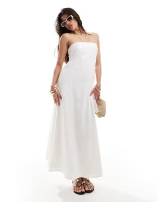 Abercrombie & Fitch linen blend strapless midi dress in white | ASOS (Global)