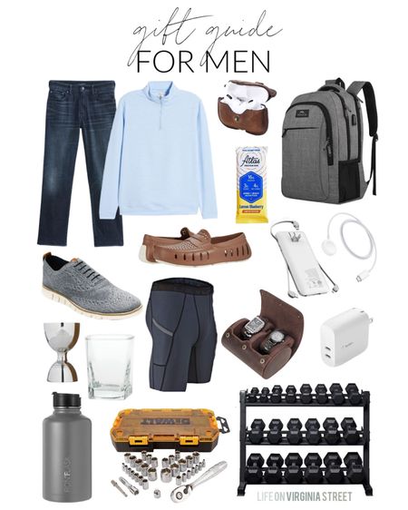 Looking for the perfect gift for the man in your life? This collage has a large variety of men’s gift ideas including blue jeans, quarter zip pullover, Airpods case, rubber floafers, knit oxford shoes and phone and watch chargers.  Additional items include a dumbbell set, a socket set, a half-gallon water bottle, compression shorts, a protein bar, a jigger, whiskey glasses and a leather watch travel case.

Amazon finds, Mens gift guides mens gift ideas gifts for him, gift ideas for men, mens quarter zip, dress shoes, dress tennis shoes, whiskey glass, dumbbells, loafers, airpods case, backpack, mens clothes, amazon gifts, amazon mens gifts, amazon prime #ltkholiday #ltkfit #ltkmens #ltksalealert #ltkshoecrush #ltkworkwear #ltkseasonal #ltktravel 

#LTKunder50 #LTKunder100 #LTKGiftGuide #LTKtravel #LTKmens