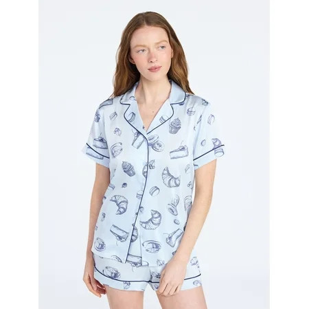 Joyspun Women’s Stretch Satin Short Sleeve Top and Shorts Pajama Set, Sizes XS-3X | Walmart (US)