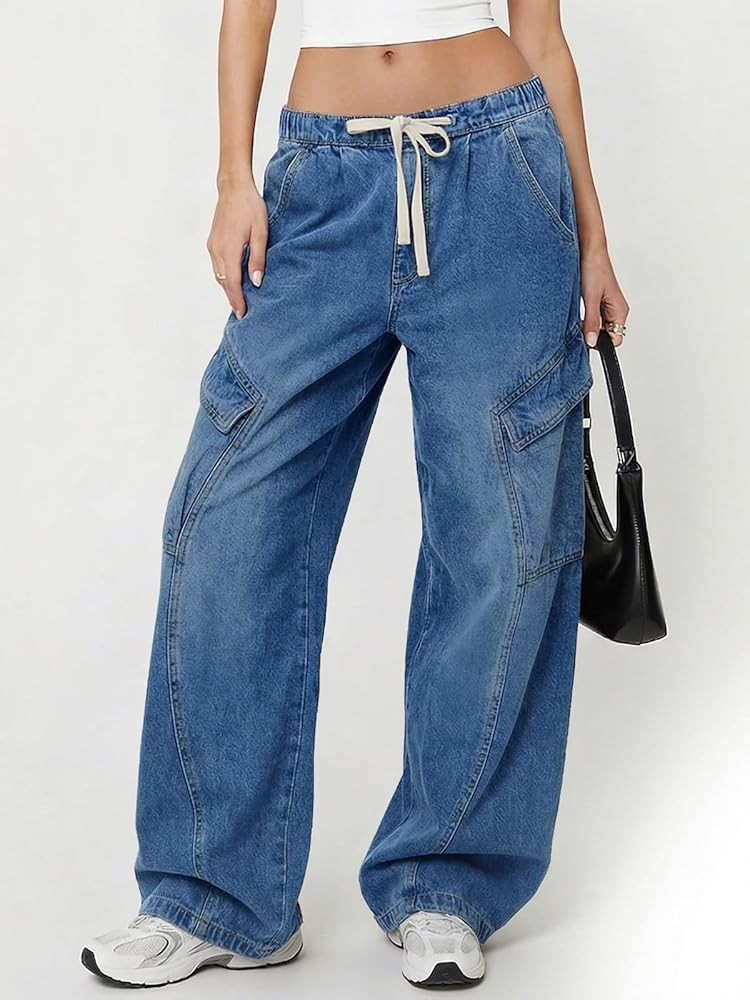 Tankaneo Women Baggy Wide Leg Jeans Y17k Low Rise Drawstring Boyfriend Denim Pants Casual Loose F... | Amazon (US)