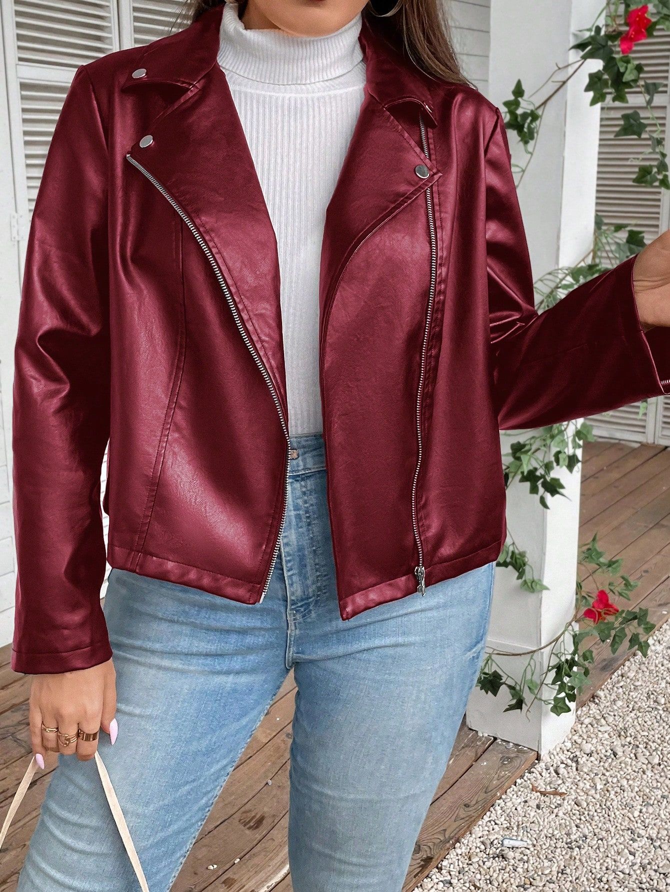 SHEIN LUNE Plus Zip Up PU Leather Moto Jacket | SHEIN