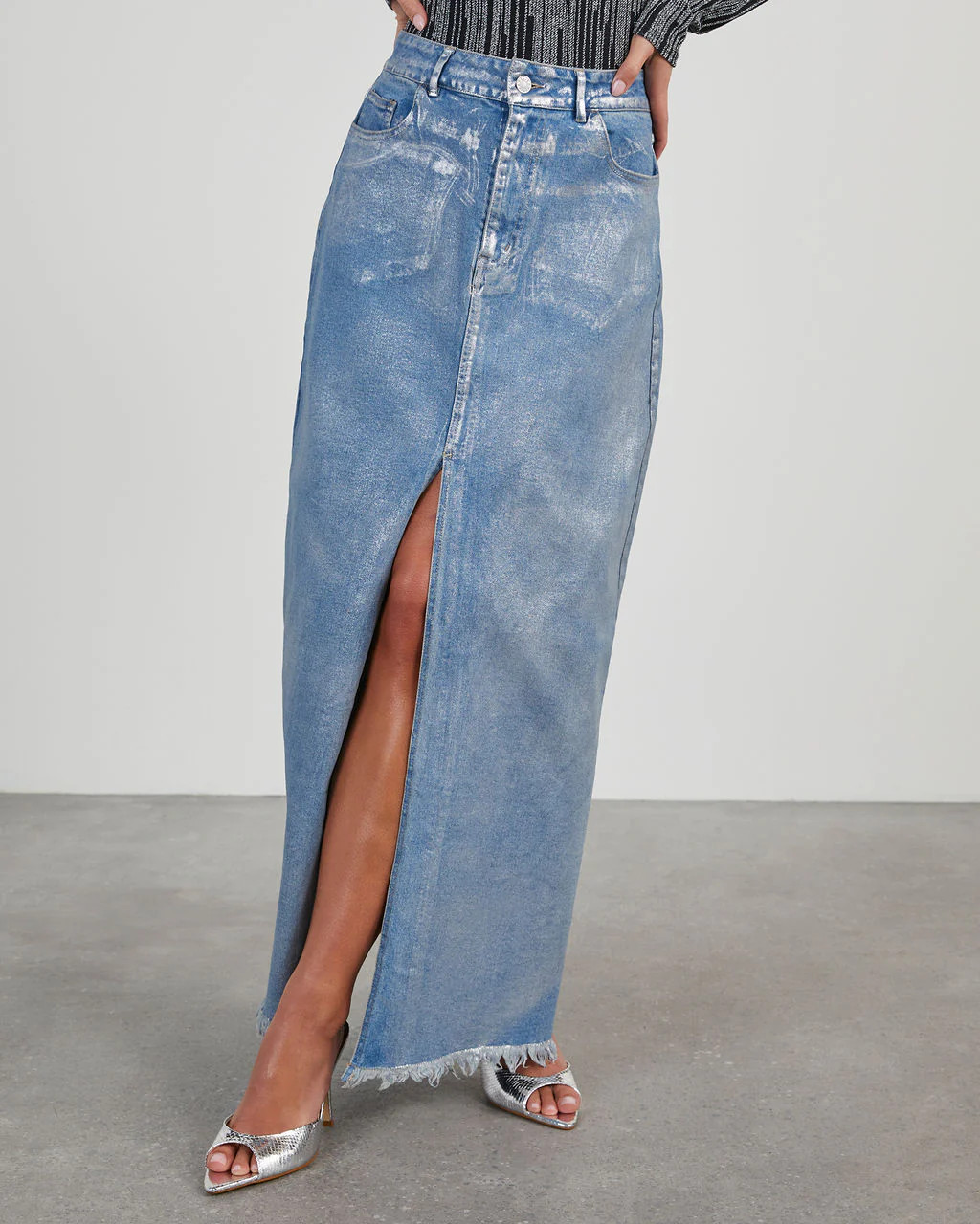 Zeena Metallic Denim Maxi Skirt | VICI