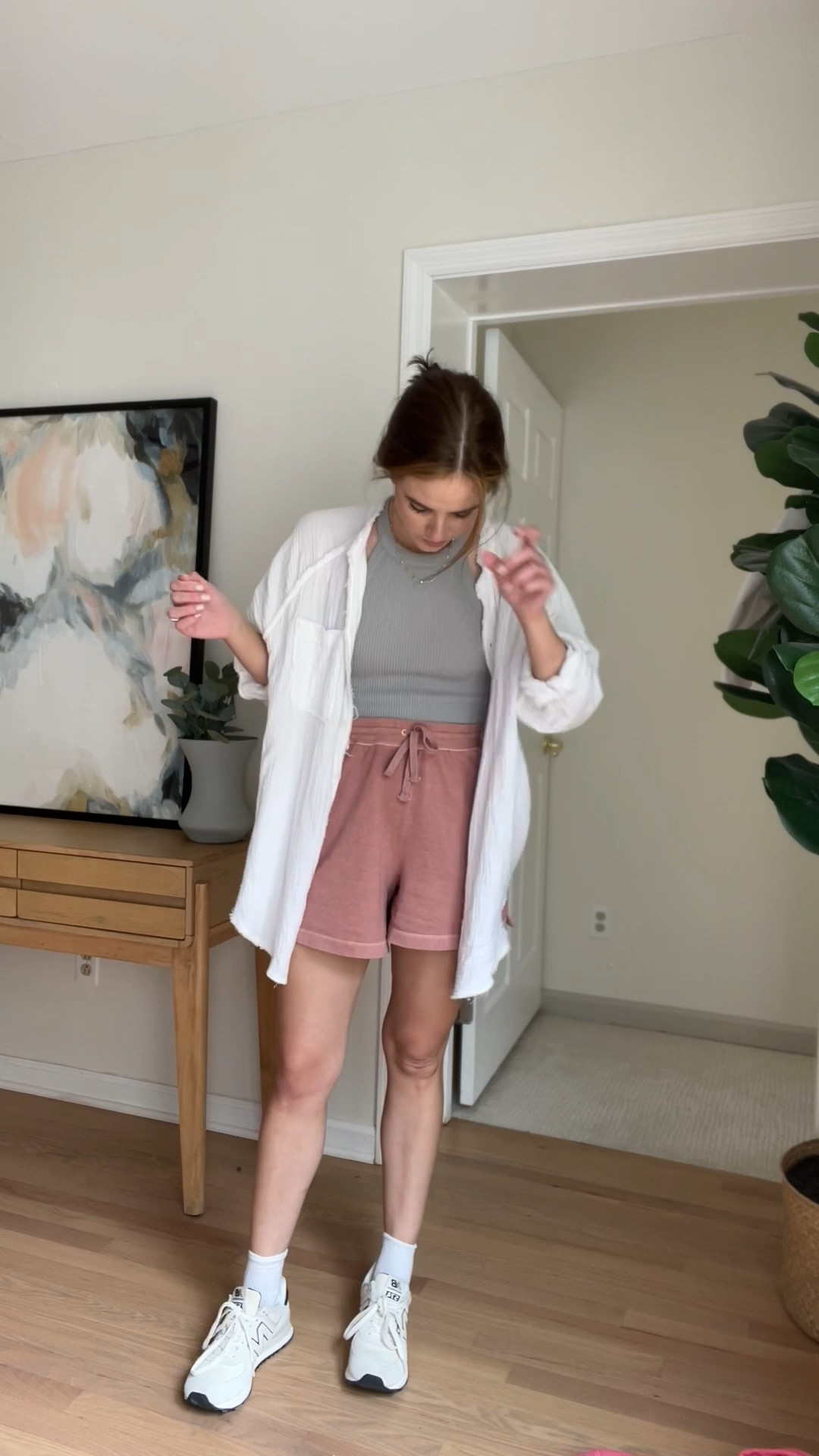 White button down : wearing s // fits oversized 
High waisted shorts : wearing m // fits oversized 
Bralette : wearing s // fits tts
Crew socks 
New balance 

Casual outfit // old navy // aerie // summer outfit // summer outfit ideas 

#LTKFind #LTKstyletip #LTKSeasonal