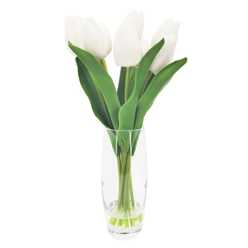 White Real Feel Tulip Arrangement in Glass Vase, 12" | At Home
