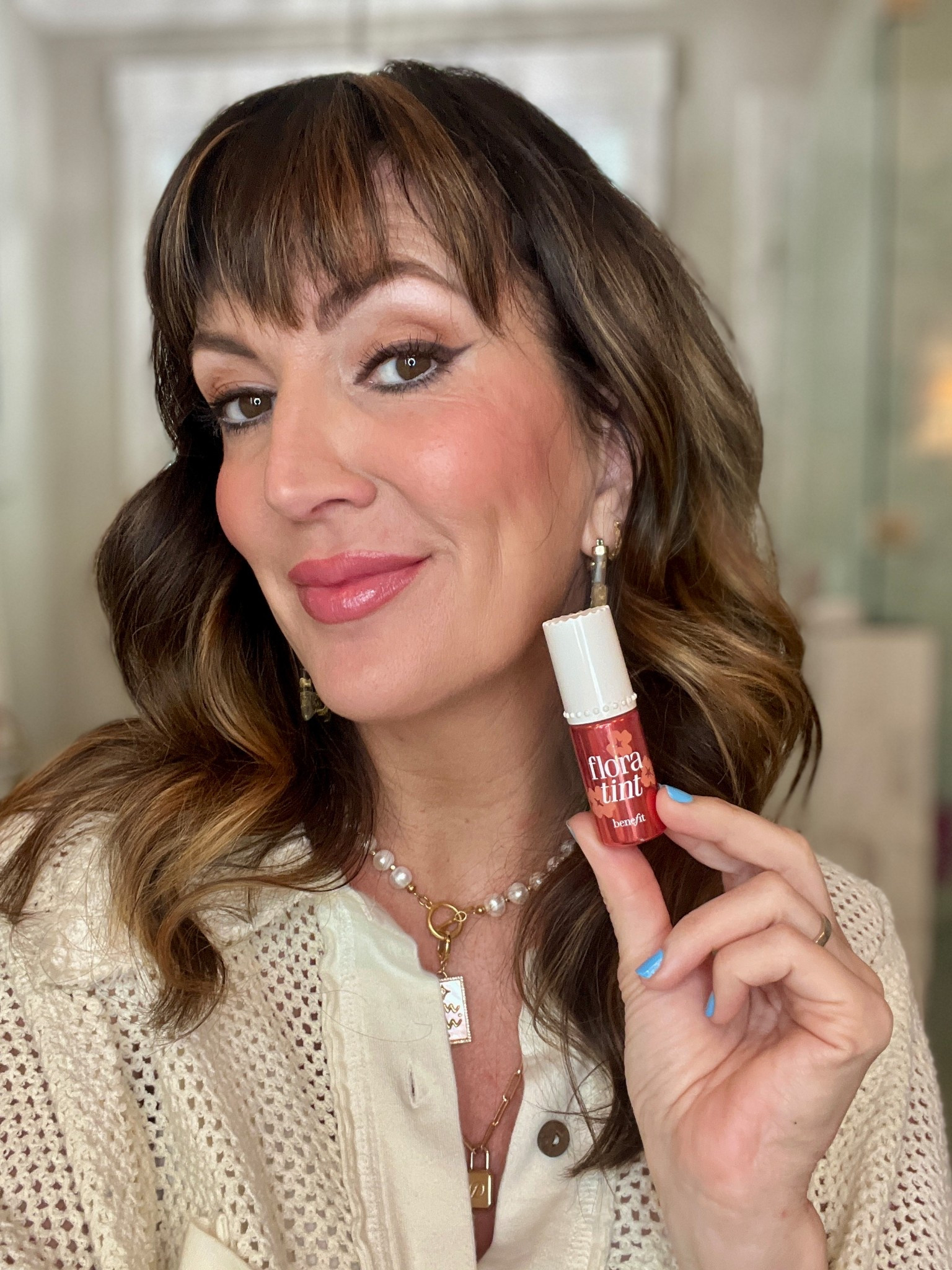 🥰 Most worn LIQUID BLUSH right now. It’s the perfect mix of warm but cool rose and blends like a dream!! Shade : Floratint . I do prefer a liquid blush brush to blend it on with instead of fingers 