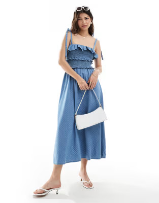 ASOS DESIGN denim maxi dress with frill detail in polka dot print | ASOS | ASOS (Global)