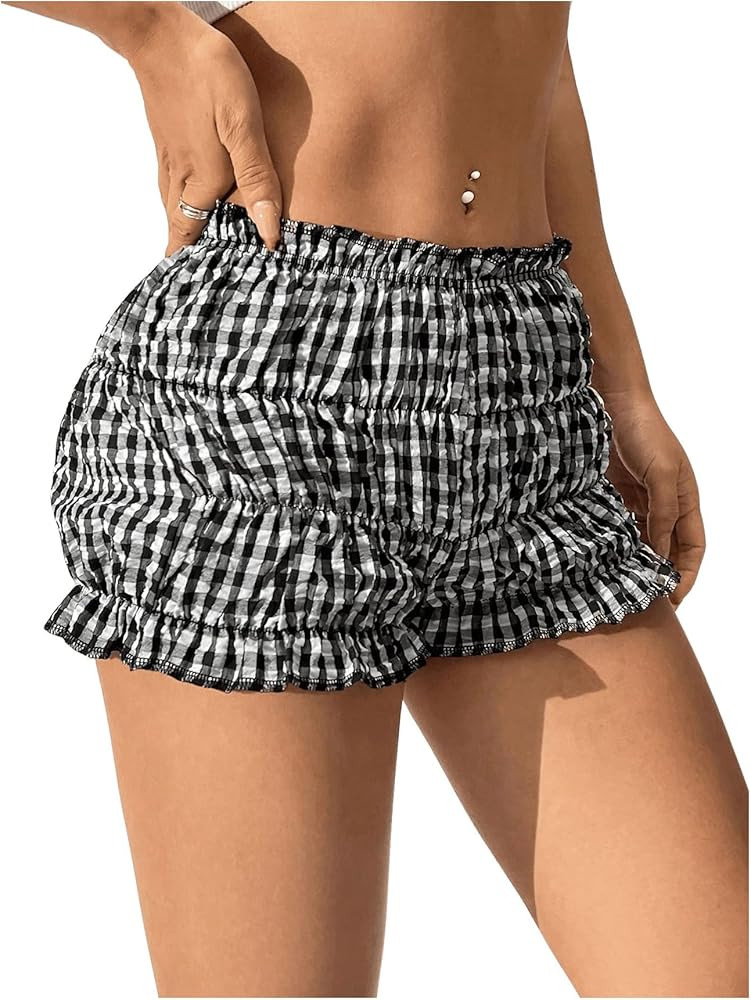 SHENHE Women's Y2k Gingham Shorts Ruffle Low Rise Elastic Waist Casual Summer Mini Shorts | Amazon (US)