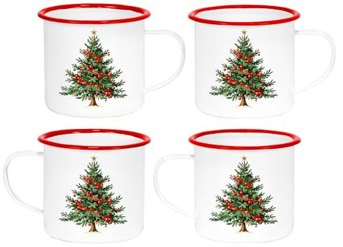 Red Co. Set of 4 Enamelware Metal Medium 12 Fl Oz Coffee Mug with Handle, Solid White/Red Rim – Christmas Tree | Amazon (US)