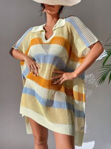 Color Block Batwing Sleeve Split Hem Cover Up Without Bikini
   SKU: sw2202238123317877      
   ... | SHEIN