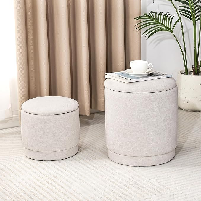 Homebeez Round Storage Ottoman Set of 2, Chenille Fabric Stool with Removable Lid, Multifunctiona... | Amazon (US)