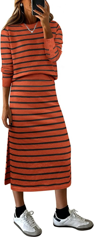 ANRABESS 2 Piece Skirts Sets For Women Fall Fashion 2025 Striped Sweater Midi Dress Knit Lounge T... | Amazon (US)