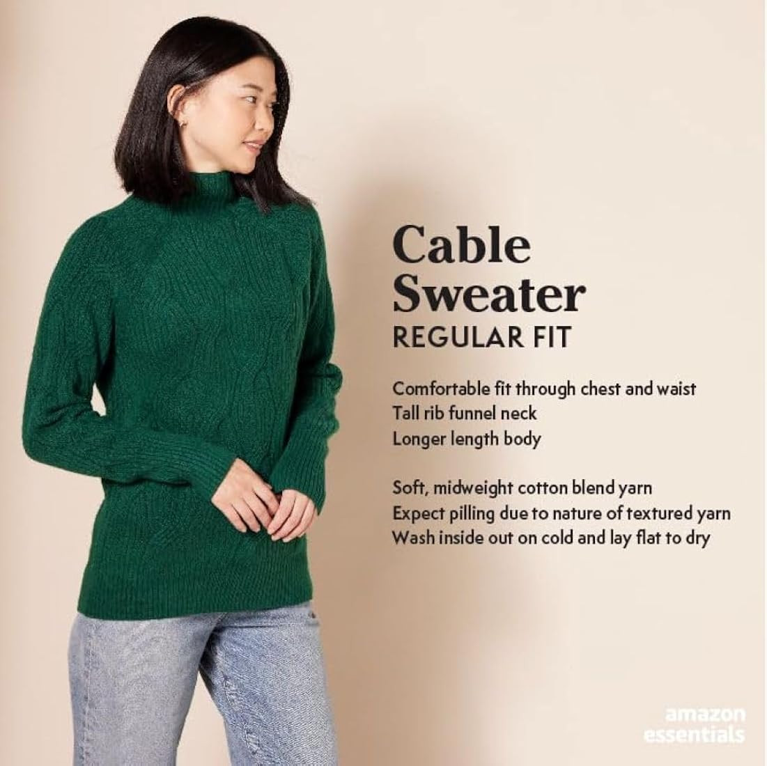 Amazon Essentials Women's Winter Sweater, Soft Touch Funnel Neck Cable Knit | Amazon (US)