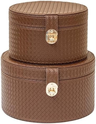 Large Leather Decorative Boxes Set of 2 Round Hat Box Bin Basket with Lid for Shelf Coffee Table ... | Amazon (US)