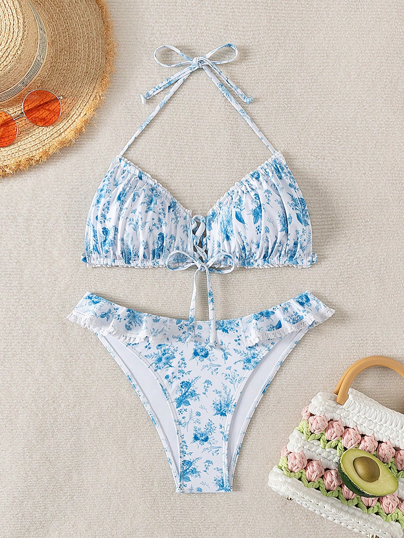 SHEIN Swim Summer Beach Women's Floral Printed Halter Neck Two-Piece Swimsuit Set | SHEIN