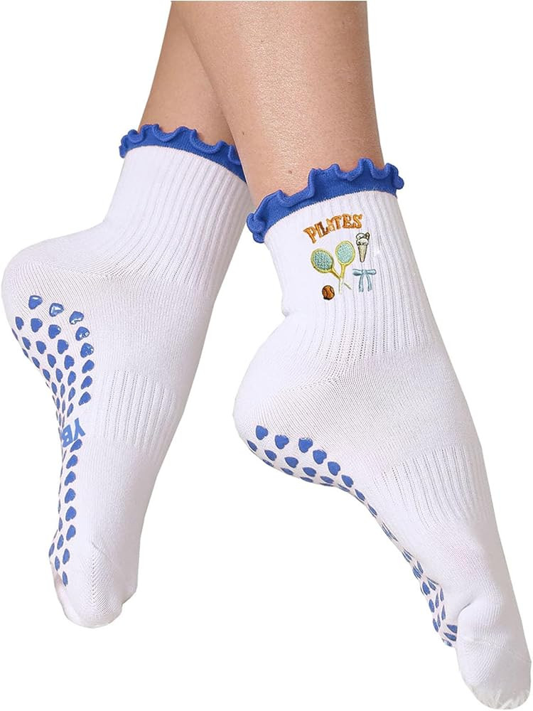 Women's Cute Grip Pilates Socks Non-Slip Yoga Ballet Socks with Ruffle Cuff & Embroidery | Amazon (US)