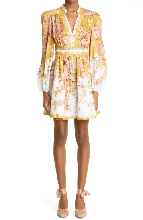 Zimmermann Pattie Floral Print Linen Minidress in Mustard Floral at Nordstrom, Size 3 | Nordstrom