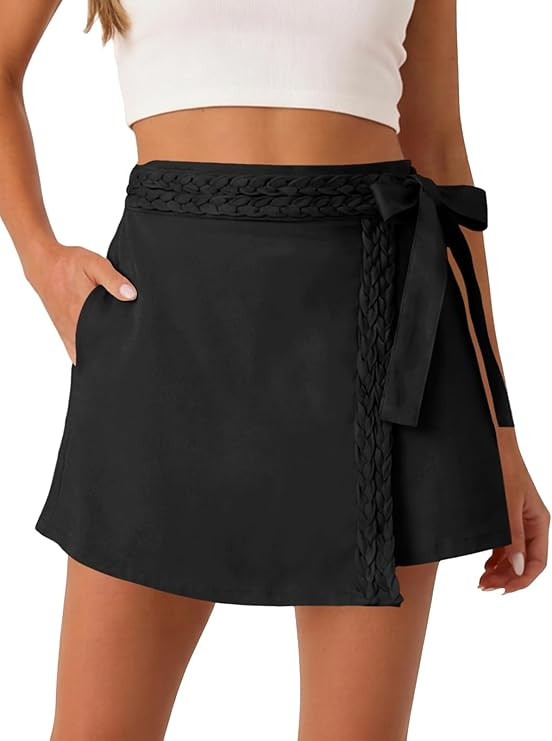Tankaneo Womens Wrap Mini Skirt Skort Summer Casual Braided High Waisted Bow Tie Skirt Shorts wit... | Amazon (US)